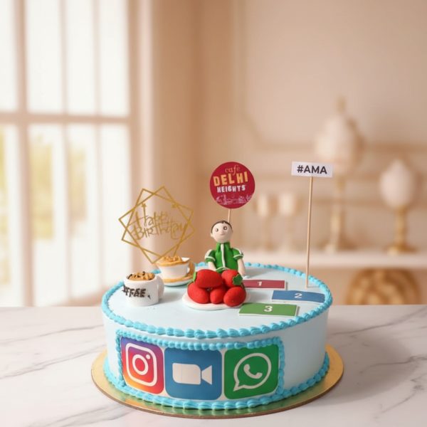 Colorful custom social media cake with figurine and decorations