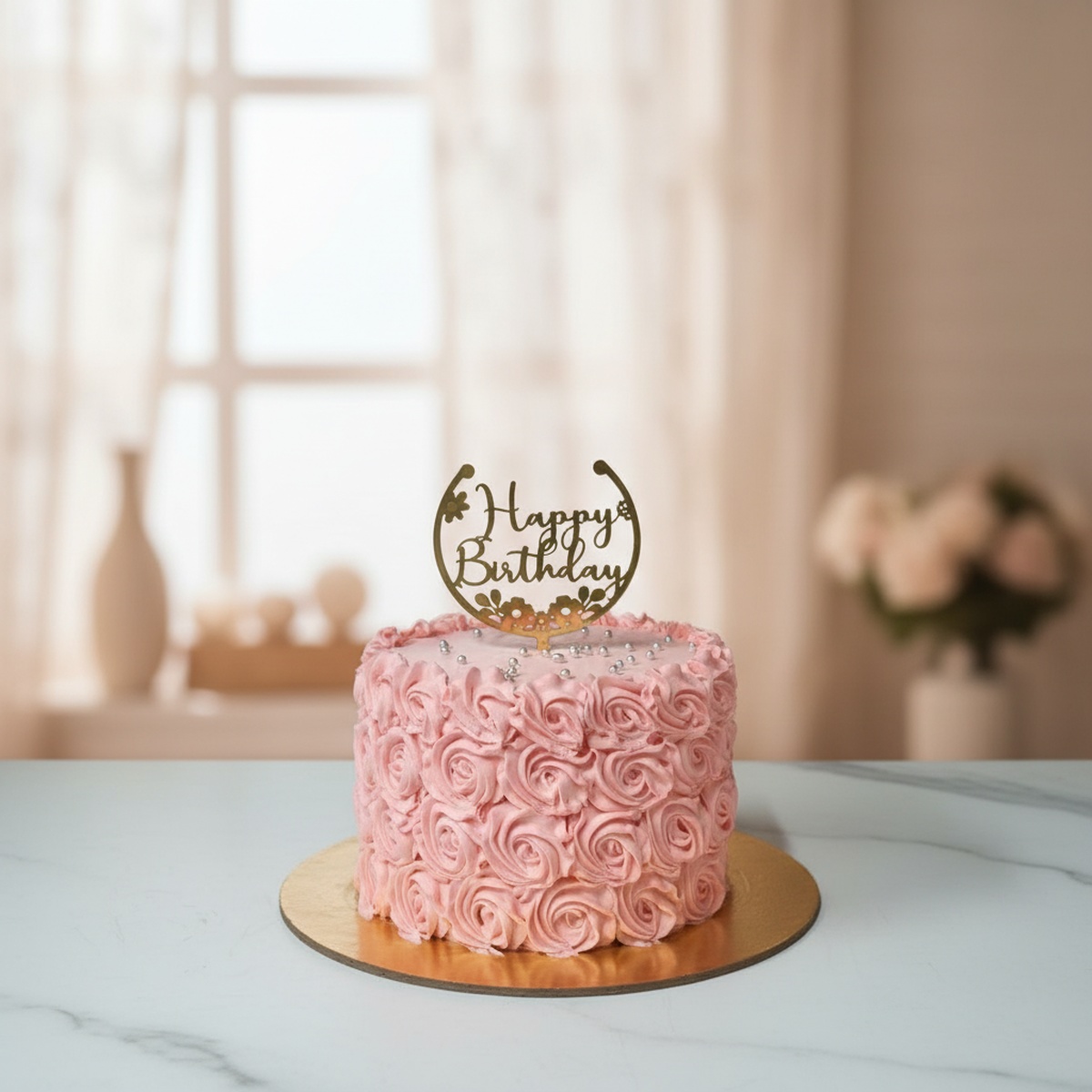 birthday-cake-next-day-delivery-blushing-rose Blushing Rose Birthday Cake with Happy Birthday topper