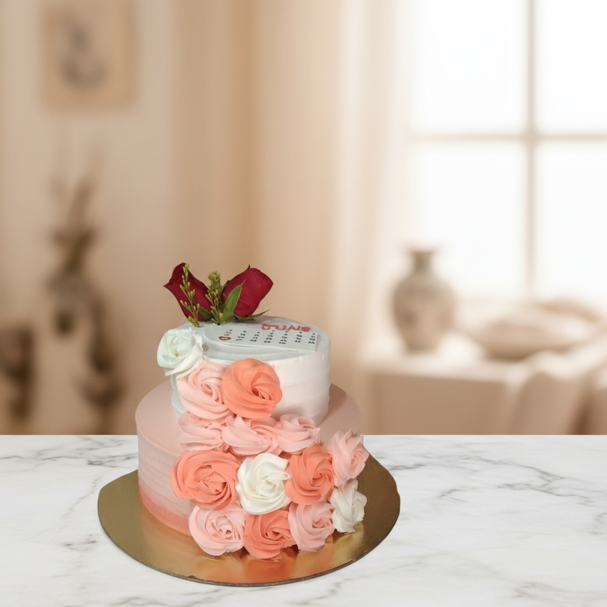 blushing-bride-tier-cake-gurgaon-bakers Beautiful two-tier wedding cake with pink roses and a decorative top