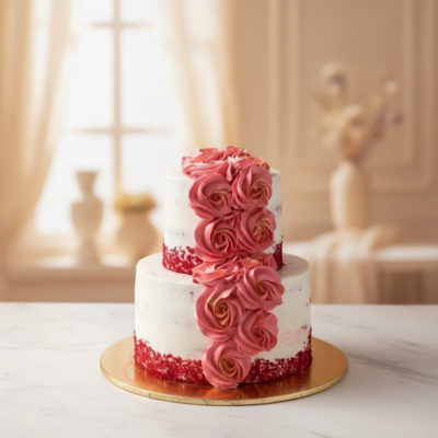 Two-tier Wedding Cake with pink roses and red sparkle