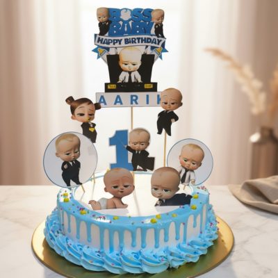 A colorful Boss Baby cake featuring playful decorations for kids' birthday celebration.