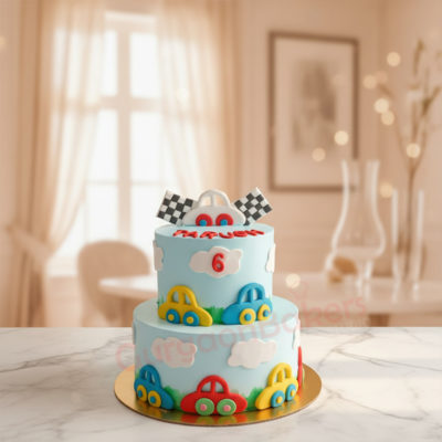 Colorful two-tiered car cake with racing flags and clouds
