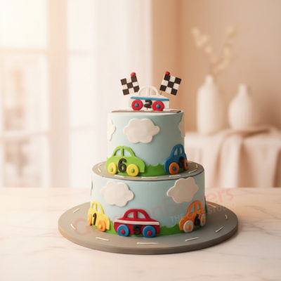 Colorful car theme cake for kids with racing flags and cars