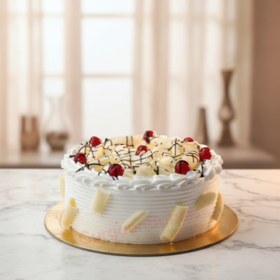 Delicious Cherry Bliss Cream Cake with cherries and white chocolate decorations