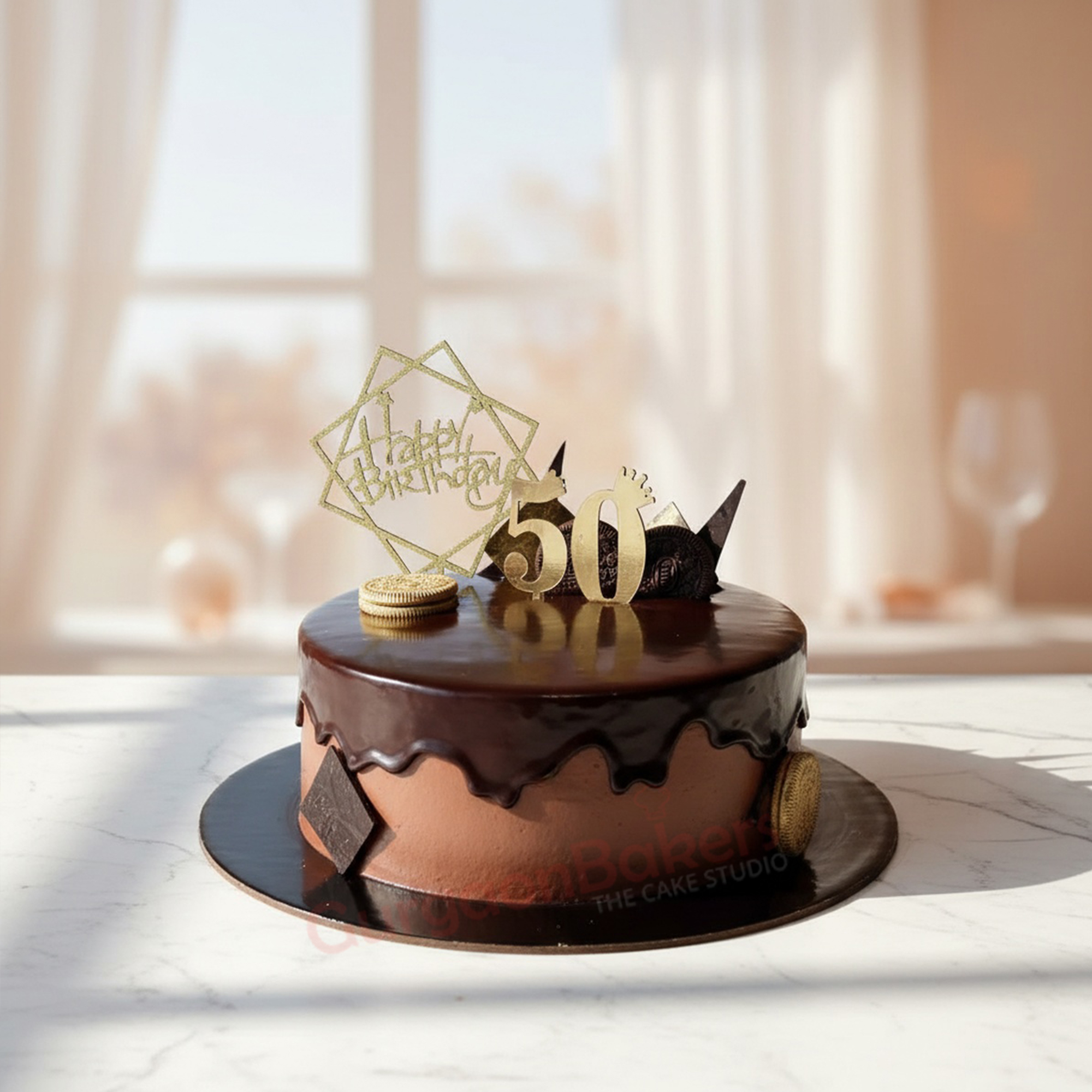 classic-50th-birthday-chocolate-cake A stunning chocolate cake for a 50th birthday celebration, featuring elegant decorations.