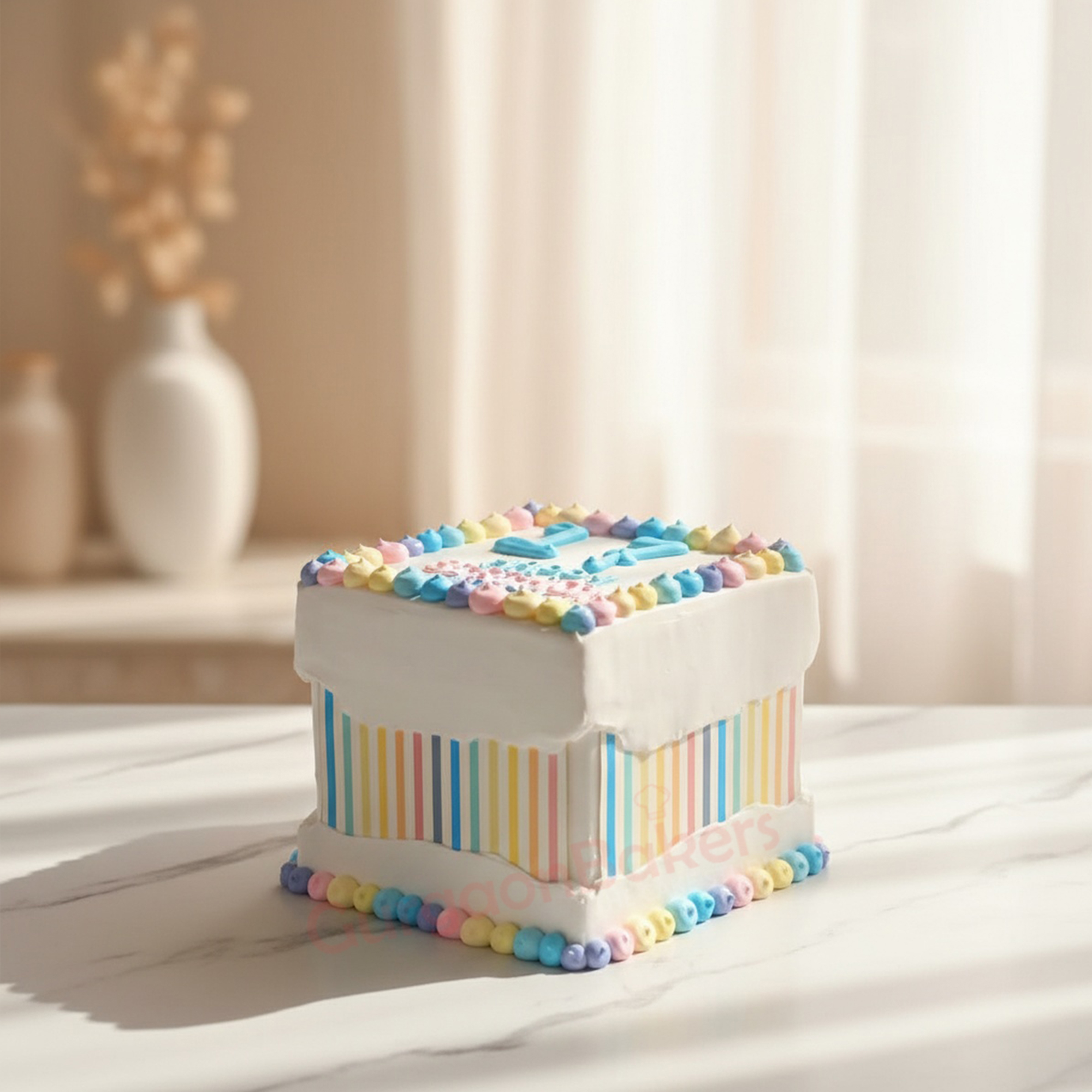 colorful-custom-box-cake-gurgaon-bakers Colorful custom box cake with pastel decorations from Gurgaon Bakers