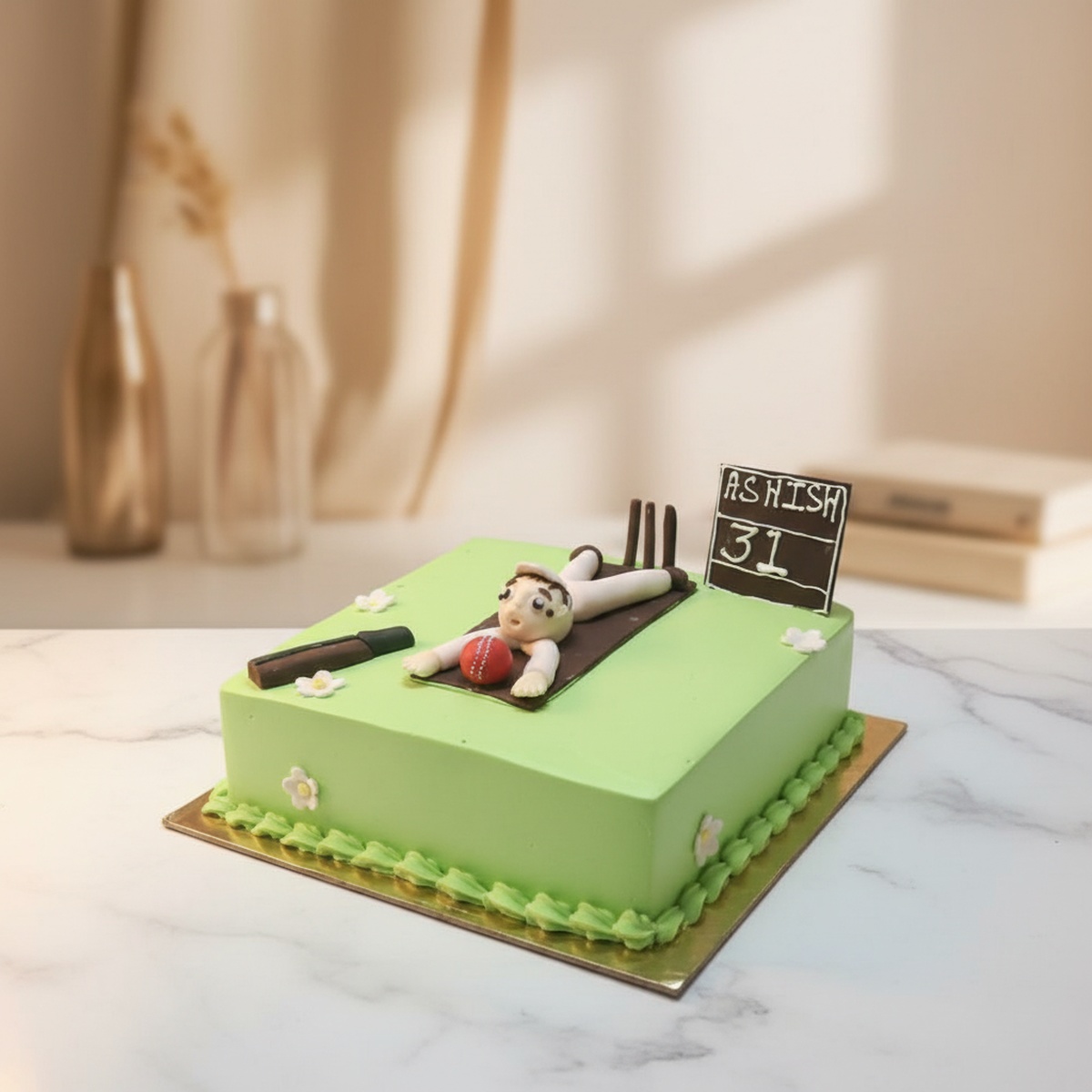 Cricket Birthday Cake Cricket birthday cake featuring a player, bat, and ball.