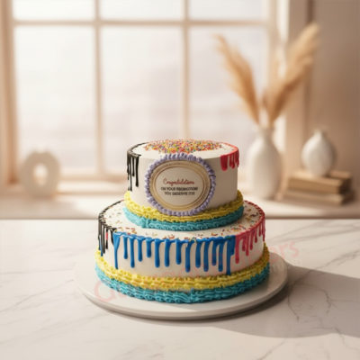 A colorful custom corporate tier cake celebrating a promotion