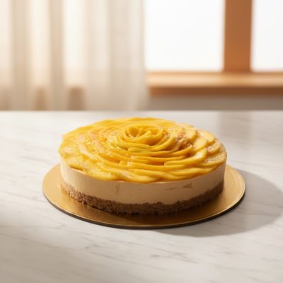 A beautifully designed mango cake with a rose pattern made of fresh mango slices on a golden base