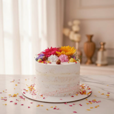 A beautifully decorated cake with vibrant flowers on top and colorful petals scattered around