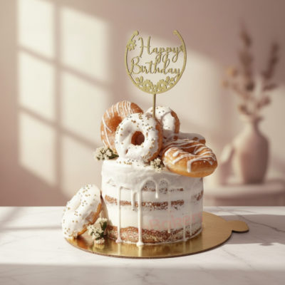 A birthday cake topped with glazed doughnuts and a golden 'Happy Birthday' topper