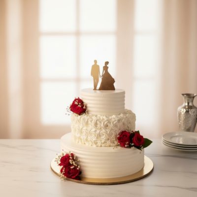 Three-tier wedding cake decorated with red roses and a couple topper