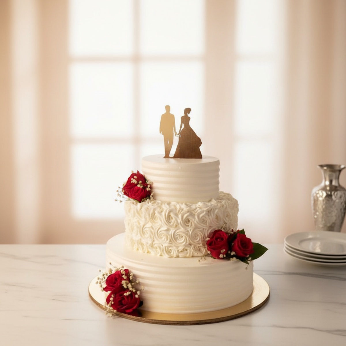 elegant-three-tier-wedding-cake-gurgaon Three-tier wedding cake decorated with red roses and a couple topper