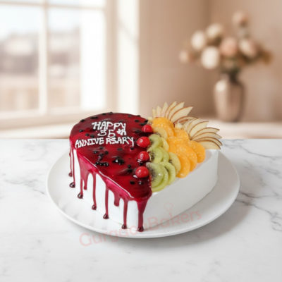 A beautifully decorated fruity celebration cake for an anniversary.