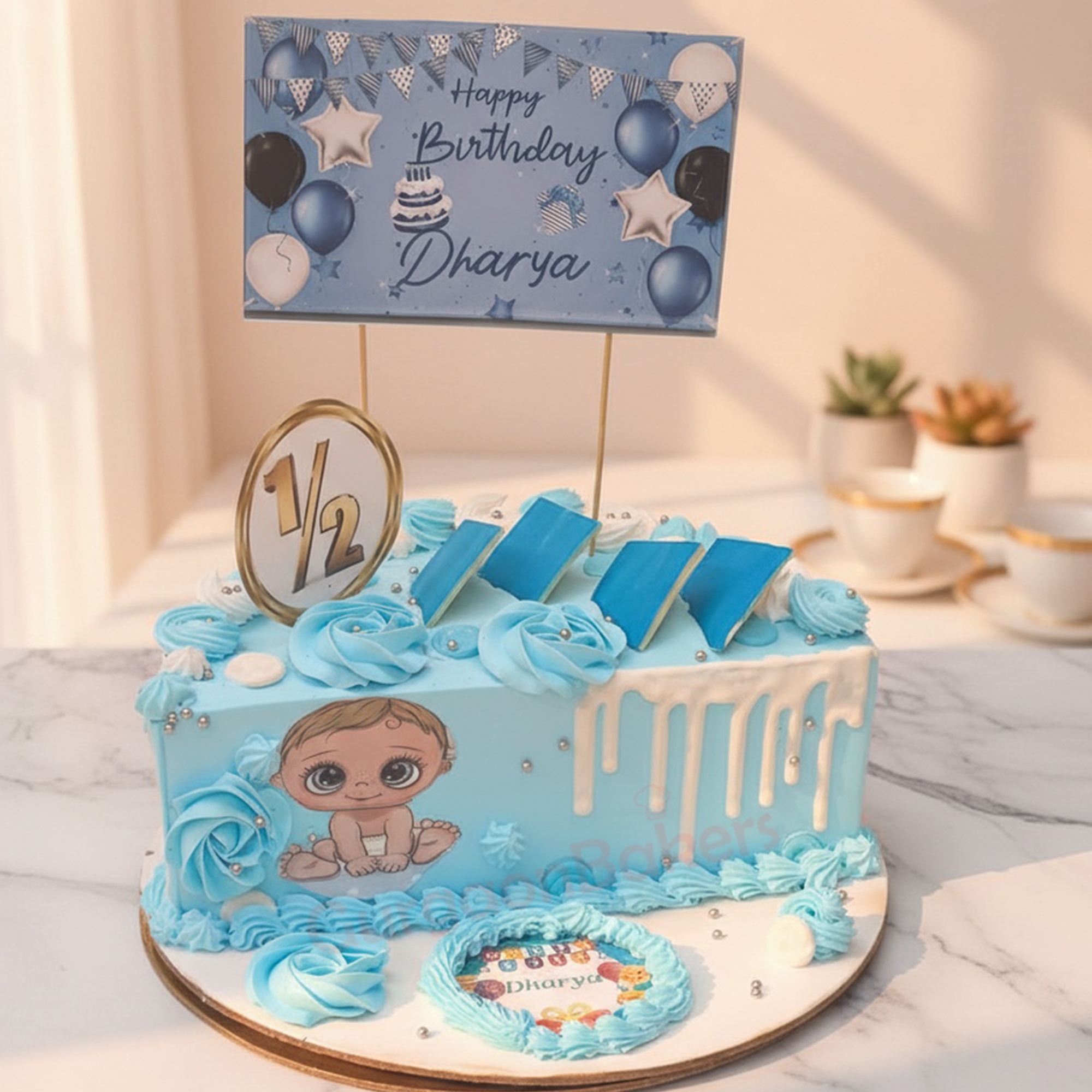 half-birthday-cake-dhariya Adorable half birthday cake with blue decoration for Dhariya