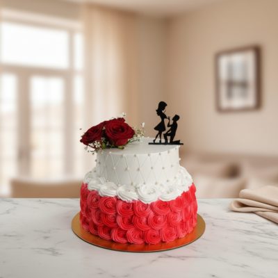Beautiful wedding cake with red rose decorations