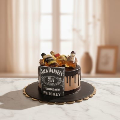 Jack Daniel's themed cake with whiskey bottles ornamentation
