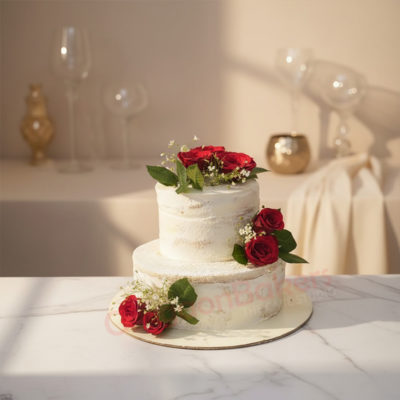 Beautiful less cream wedding cake decorated with red roses and greenery