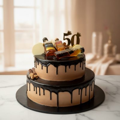 Two-tier liquor birthday cake with bottles and number 50 decoration