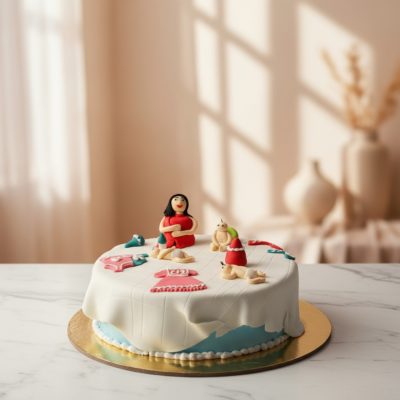 A beautifully designed Mother's Day cake featuring a figurine of a woman holding a heart, surrounded by decorative items