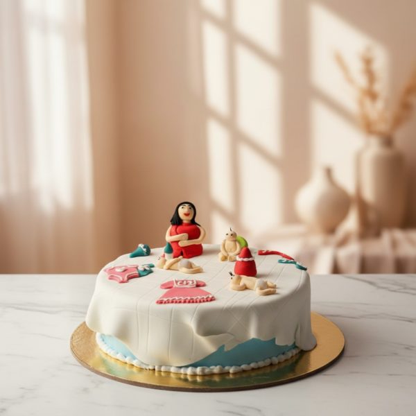 A beautifully designed Mother's Day cake featuring a figurine of a woman holding a heart, surrounded by decorative items