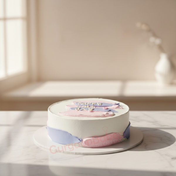 A beautiful pastel colour cake with soft pink and blue frosting on a marbled surface.
