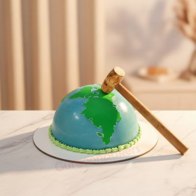 Colorful piñata cake shaped like the Earth with a wooden hammer
