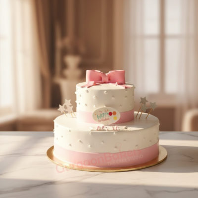 Ribbon 2 Tier Birthday Cake with pink bow and decorations