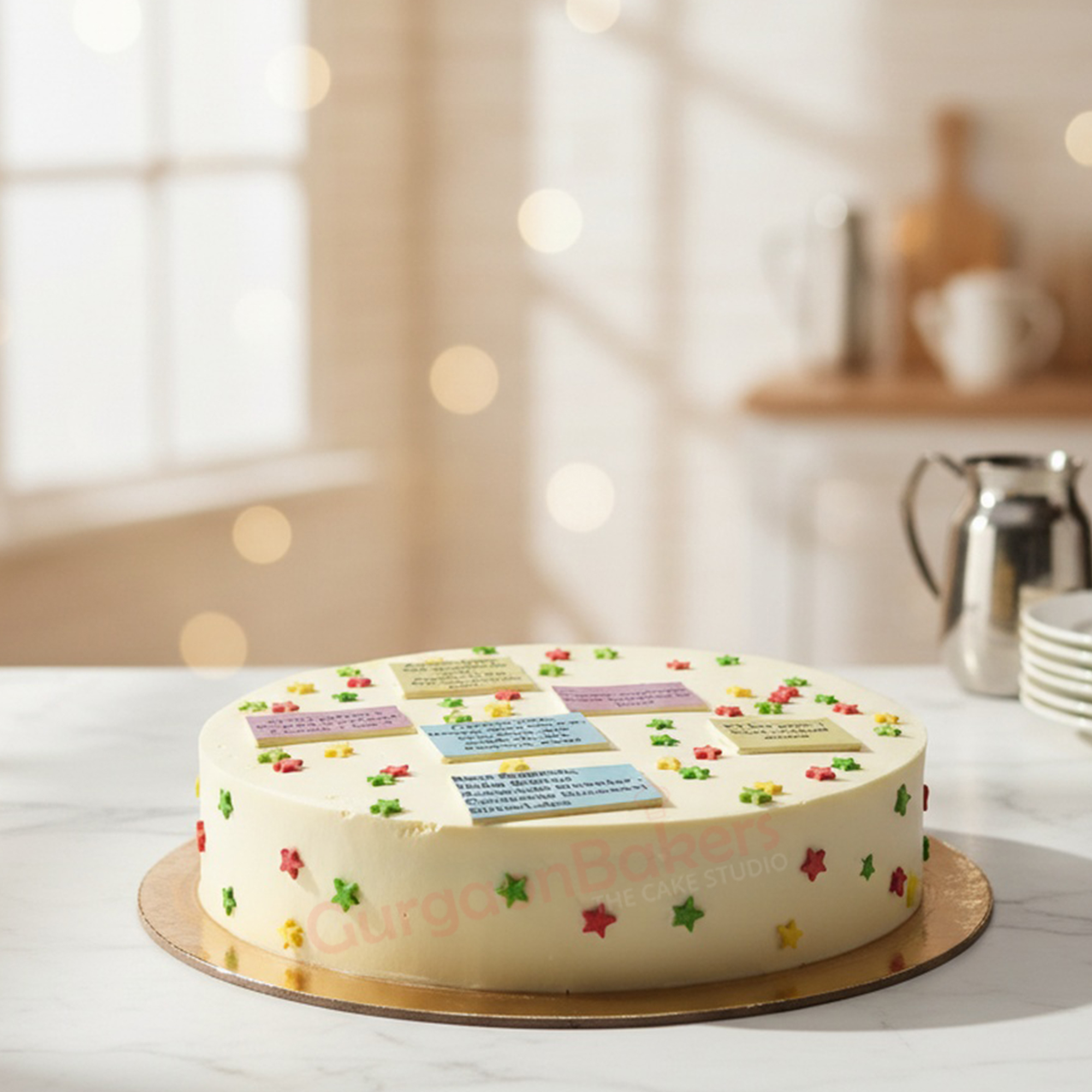 starry_farewell_cake A beautifully designed farewell cake with colorful star decorations on a marble table.