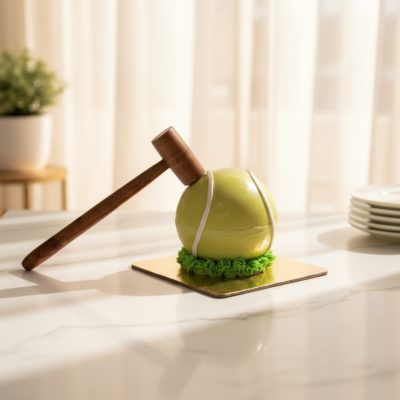 Tennis-themed piñata cake with a wooden hammer