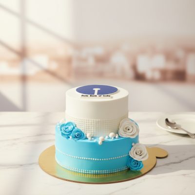 Elegant tier corporate cake decorated with blue and white roses and a company logo