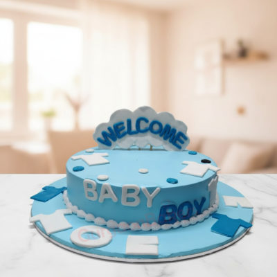 Welcome Baby Boy Cake in blue and white colors with decorations
