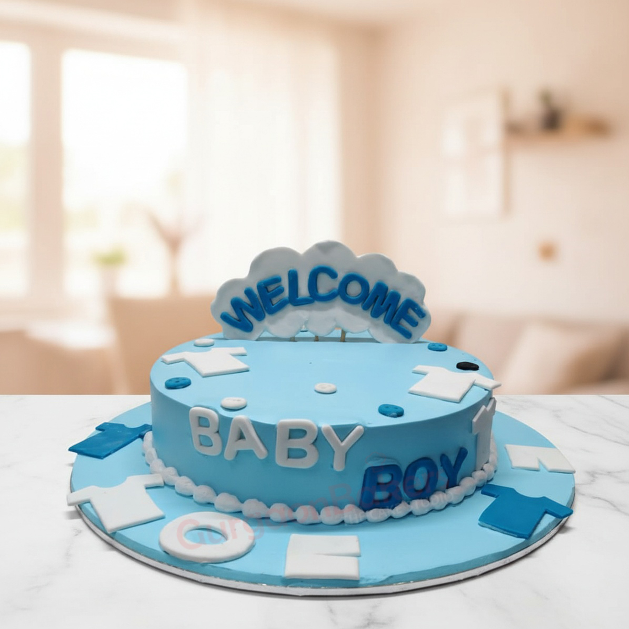 welcome-baby-boy-cake Welcome Baby Boy Cake in blue and white colors with decorations