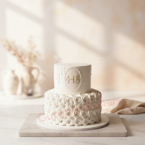 Elegant white wedding tier cake with floral design