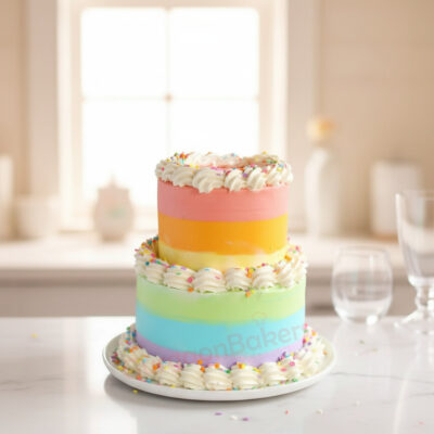 Vibrant multi-layered rainbow cake with whipped cream and sprinkles on a white platter
