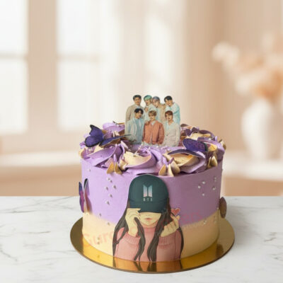 Custom BTS cake with purple frosting and decorations