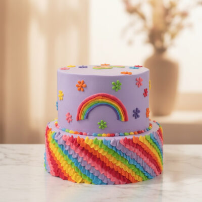 Colorful two-tier rainbow cake with flower decorations