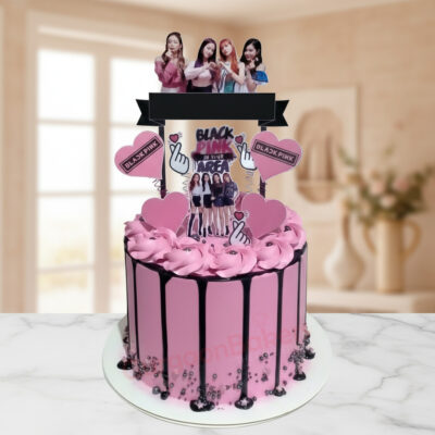 Black Pink themed custom cake with pink frosting and themed decorations