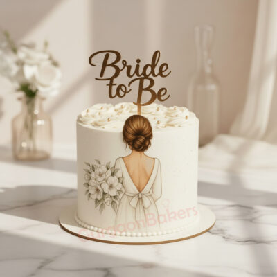 Elegant Bride to Be cake with floral design and wooden cake topper