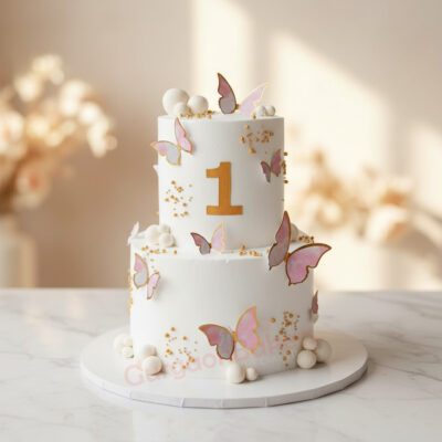 Two-tiered butterfly birthday cake with delicate designs