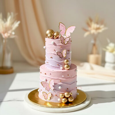 Beautiful butterfly tier cake with pink and purple frosting, decorated with golden balls and butterflies.