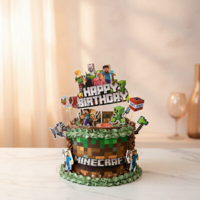 Customized Minecraft cake featuring iconic game characters