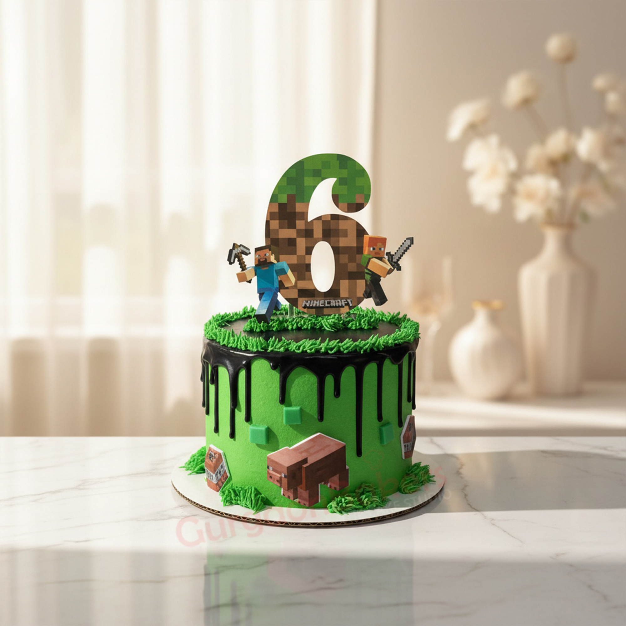 Epic Minecraft Adventure Cake A vibrant Minecraft-themed cake with playful decorations for a child's birthday celebration