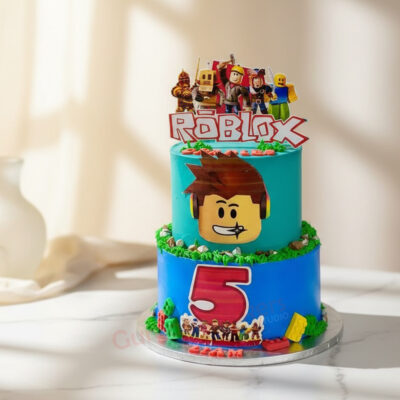 Colorful two-tiered Roblox-themed cake with character toppers