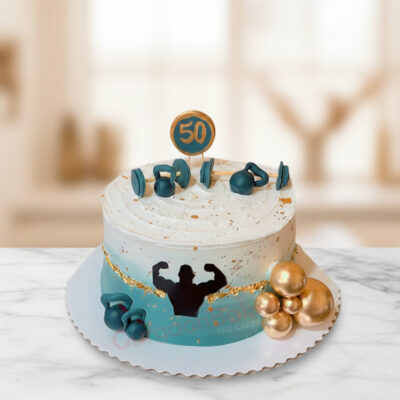 Fit & Fabulous Gym Cake with dumbbells and a 50 topper