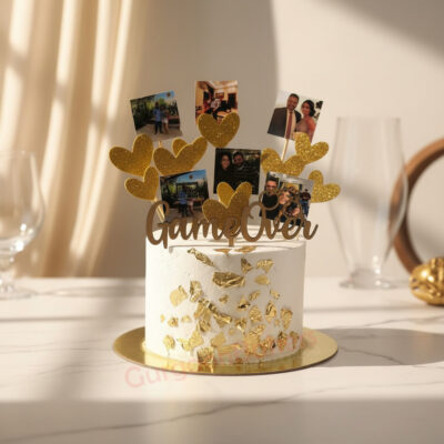 Beautiful bride to be cake with gold accents and photo decoration