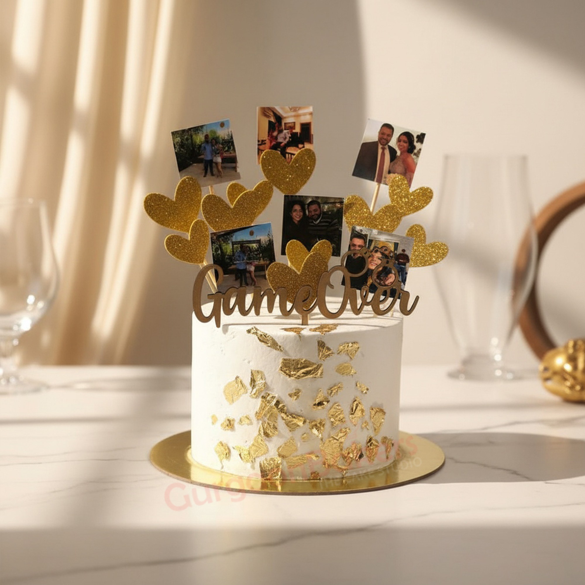 Game Over Bride-to-Be Cake Beautiful bride to be cake with gold accents and photo decoration