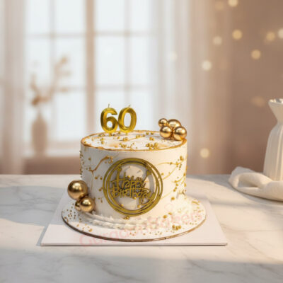 Golden 60th Birthday Cake with elegant decorations