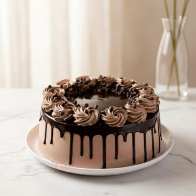 Decadent healthy chocolate cake with chocolate drip and frosting