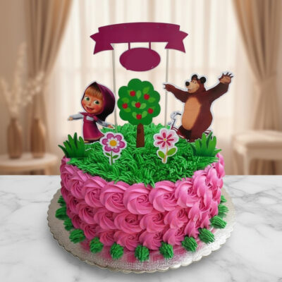 Masha Bear cake with pink rosette decoration and character toppers